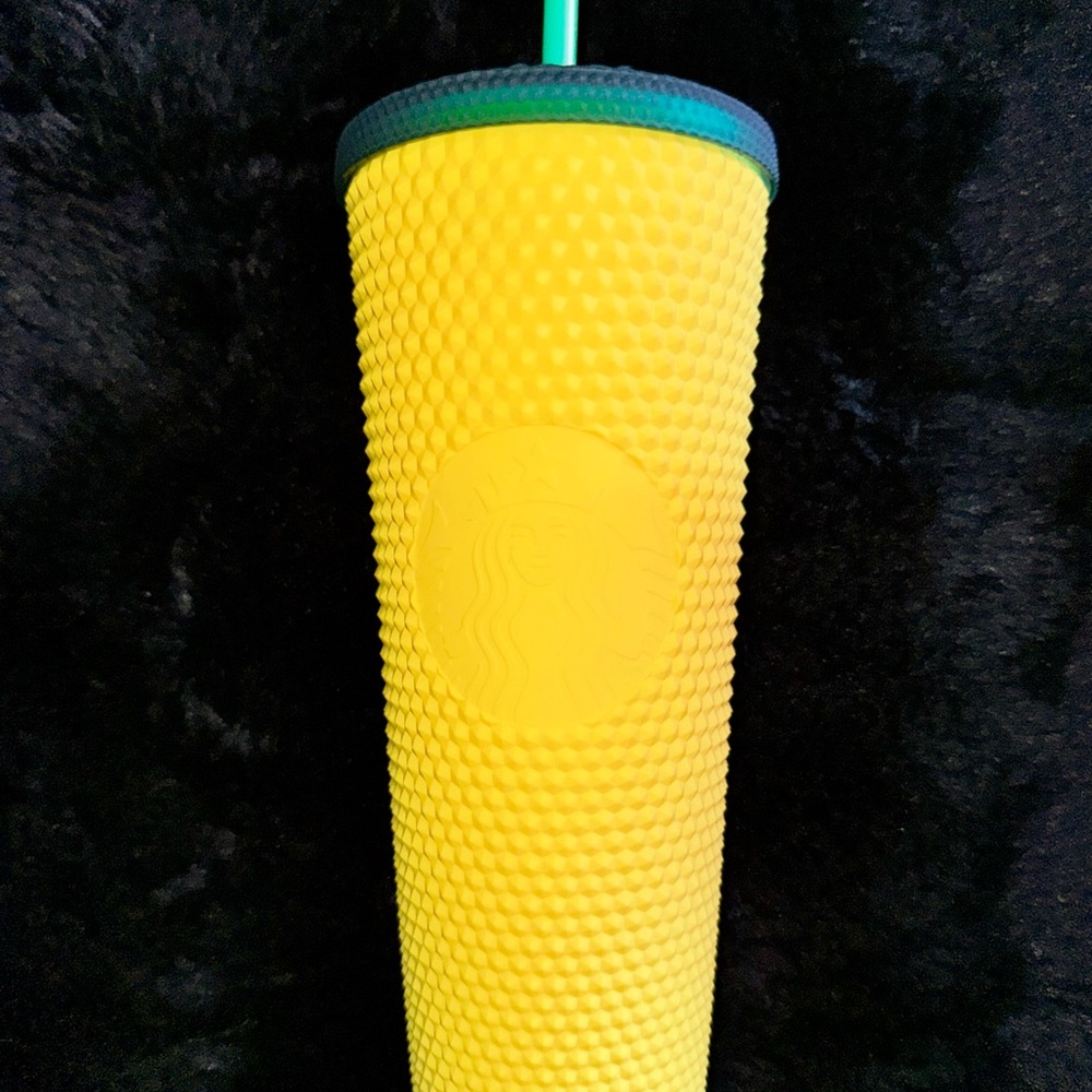 Starbucks Bright Yellow Textured Reusable Tumbler with Green Trim and Straw
